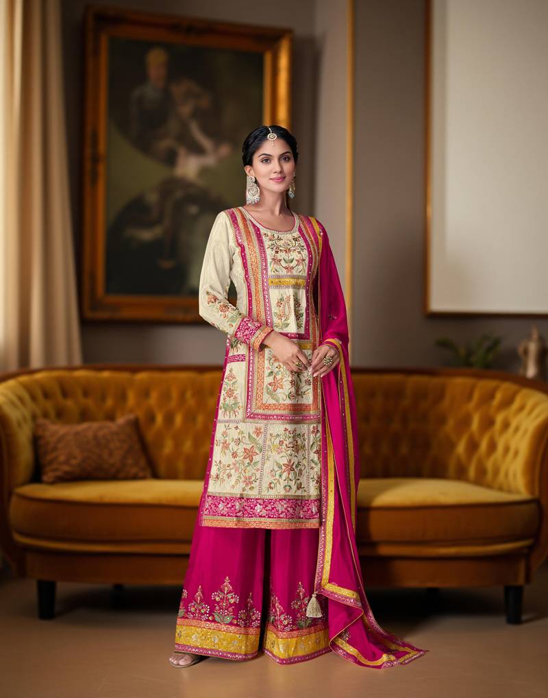 Pink color chinon fabric designer embroidered readymade suit for girls