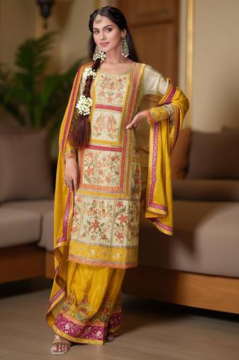 Yellow color chinon fabric designer embroidered readymade suit for girls