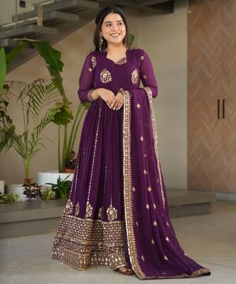 Purple color faux georgette graceful ceremonial wear trendy gown with dupatta 1