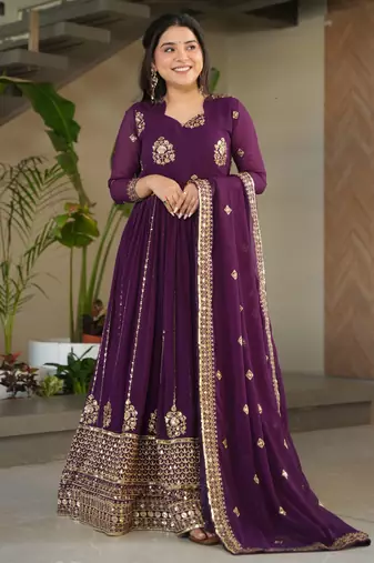 Purple color faux georgette fabric graceful ceremonial wear girlie trendy gown with dupatta