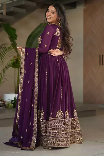 Purple color faux georgette graceful ceremonial wear trendy gown with dupatta