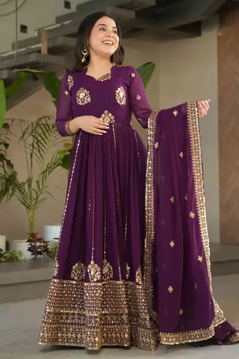 Purple color faux georgette graceful ceremonial wear trendy gown with dupatta