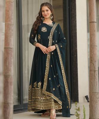 Teal blue color faux georgette graceful ceremonial wear trendy gown with dupatta 1