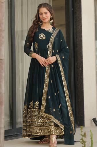 Teal blue color faux georgette fabric graceful ceremonial wear girlie trendy gown with dupatta