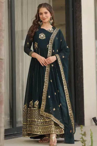 Teal blue color faux georgette fabric graceful ceremonial wear girlie trendy gown with dupatta