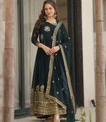 Teal blue faux georgette embroidered graceful ceremonial wear girlie trendy gown with dupatta