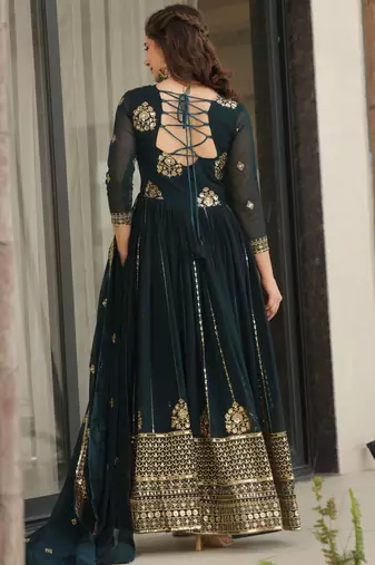 Teal blue color faux georgette graceful ceremonial wear trendy gown with dupatta
