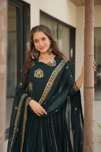 Teal blue color faux georgette graceful ceremonial wear trendy gown with dupatta