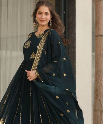 Teal blue color faux georgette graceful ceremonial wear trendy gown with dupatta 5