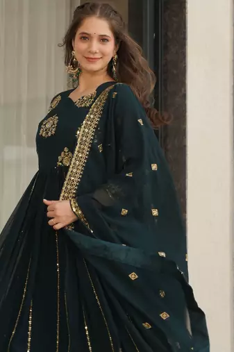 Teal blue color faux georgette graceful ceremonial wear trendy gown with dupatta