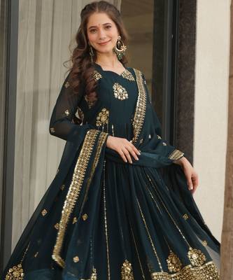 Teal blue color faux georgette graceful ceremonial wear trendy gown with dupatta 6
