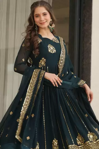 Teal blue color faux georgette graceful ceremonial wear trendy gown with dupatta
