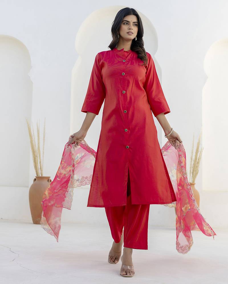 Pink color shimmer silk  fabric designer embroidery work formally ethnic readymade kurta set