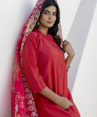 Pink color shimmer silk embroidery formally readymade kurta set 3