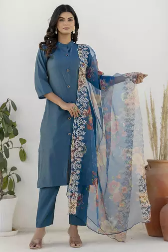 Teal blue color shimmer silk  fabric designer embroidery work formally ethnic readymade kurta set