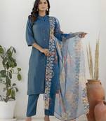 Teal blue color shimmer silk fabric embroidery work formally ethnic readymade kurta set