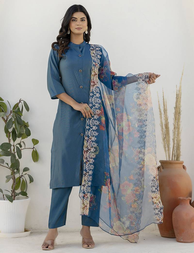 Teal blue color shimmer silk  fabric designer embroidery work formally ethnic readymade kurta set