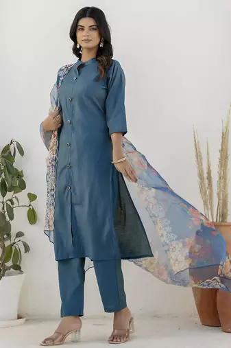 Teal blue color shimmer silk embroidery formally readymade kurta set