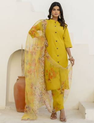 Yellow color shimmer silk embroidery formally readymade kurta set 1