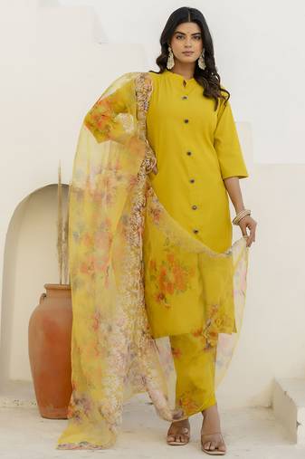 Yellow color shimmer silk  fabric designer embroidery work formally ethnic readymade kurta set
