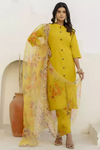 Yellow color shimmer silk  fabric designer embroidery work formally ethnic readymade kurta set