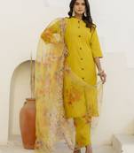 Yellow color shimmer silk fabric embroidery work formally ethnic readymade kurta set