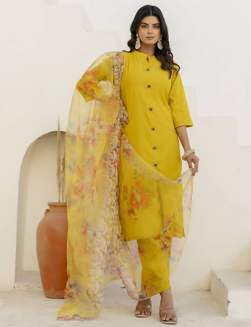 Yellow color shimmer silk  fabric designer embroidery work formally ethnic readymade kurta set