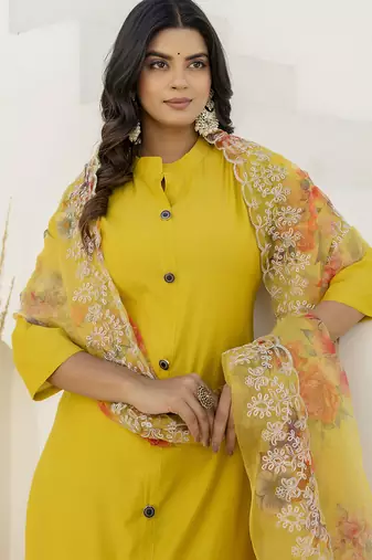 Yellow color shimmer silk embroidery formally readymade kurta set
