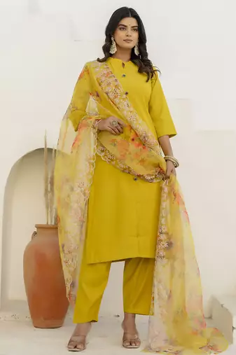 Yellow color shimmer silk embroidery formally readymade kurta set