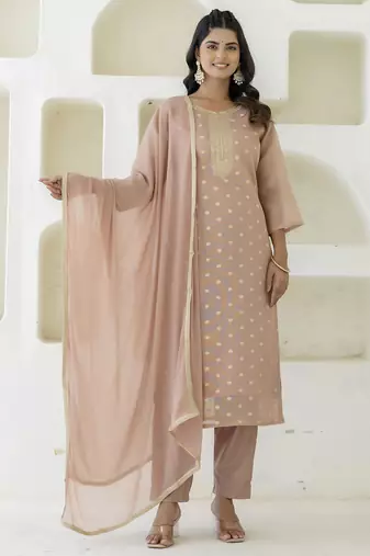 Peach color chanderi silk  fabric designer embroidery work formally ethnic readymade kurta set
