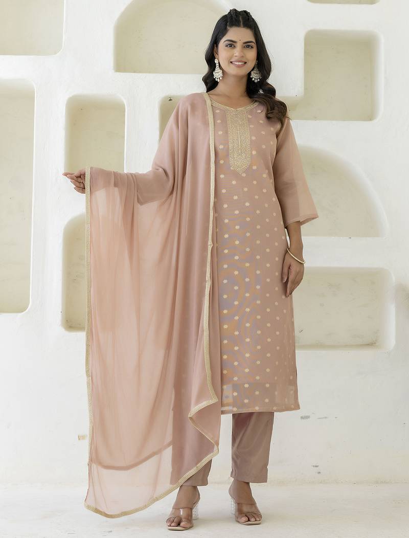 Peach color chanderi silk  fabric designer embroidery work formally ethnic readymade kurta set