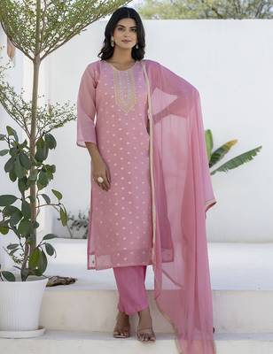 Pink color chanderi silk embroidery formally readymade kurta set 1