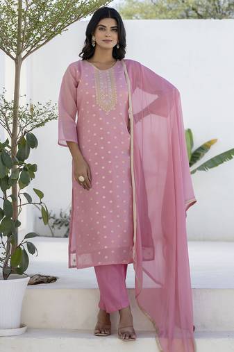 Pink color chanderi silk  fabric designer embroidery work formally ethnic readymade kurta set