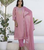 Pink color chanderi silk fabric embroidery work formally ethnic readymade kurta set