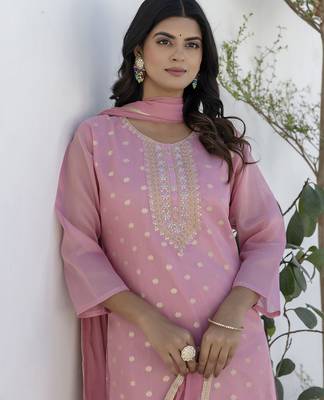 Pink color chanderi silk embroidery formally readymade kurta set 3