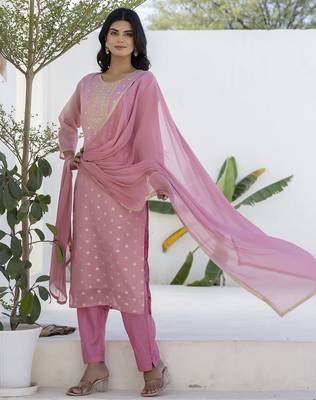 Pink color chanderi silk embroidery formally readymade kurta set 4