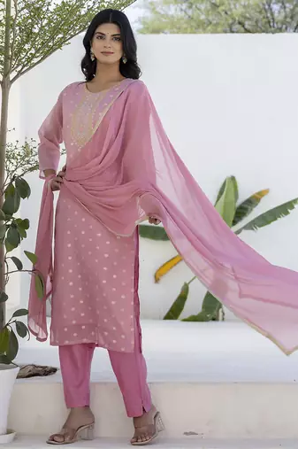 Pink color chanderi silk embroidery formally readymade kurta set