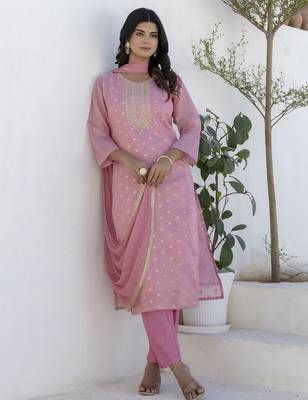 Pink color chanderi silk embroidery formally readymade kurta set 5