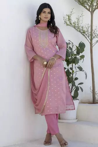 Pink color chanderi silk embroidery formally readymade kurta set