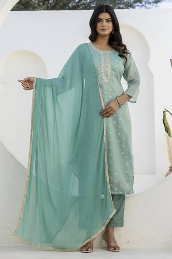 Sea green color chanderi silk  fabric designer embroidery work formally ethnic readymade kurta set