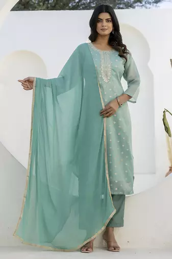 Sea green color chanderi silk  fabric designer embroidery work formally ethnic readymade kurta set
