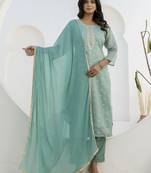 Sea green color chanderi silk fabric embroidery work formally ethnic readymade kurta set