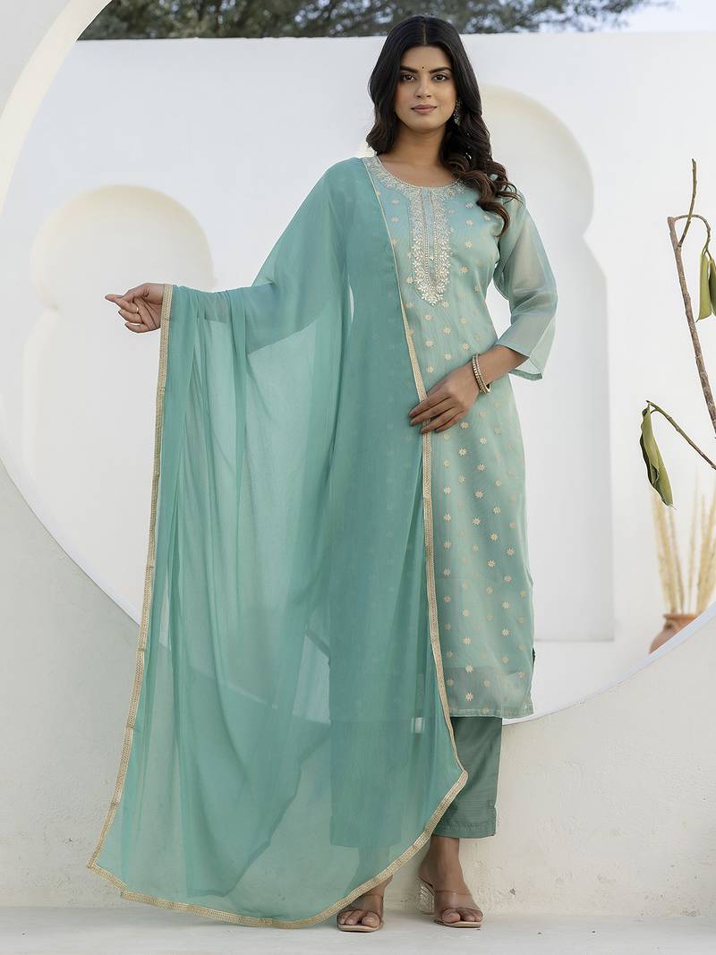 Sea green color chanderi silk  fabric designer embroidery work formally ethnic readymade kurta set