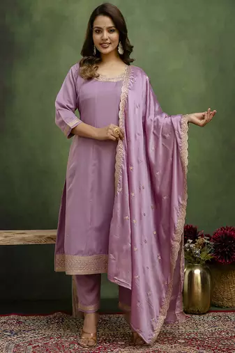 Lavender color viscose rayon fabric designer embroidery work formally ethnic readymade kurta set