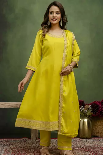 Lemon color viscose rayon fabric designer embroidery work formally ethnic readymade kurta set