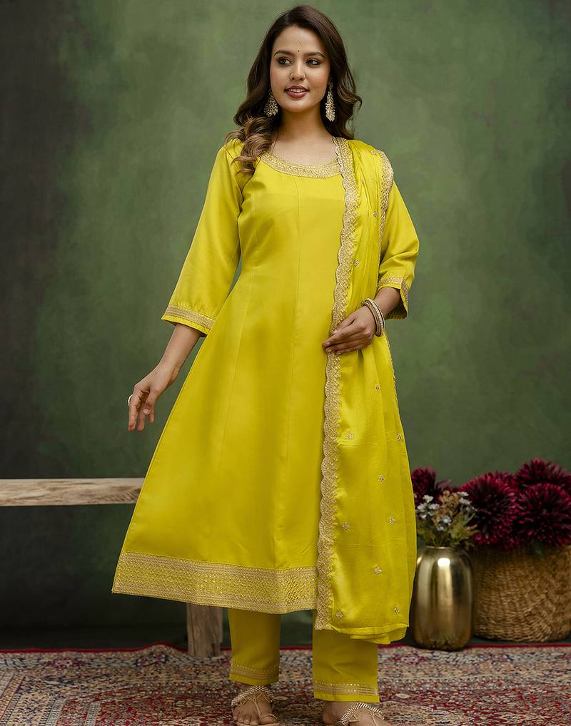 Lemon color viscose rayon fabric designer embroidery work formally ethnic readymade kurta set