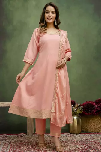 Peach color viscose rayon fabric designer embroidery work formally ethnic readymade kurta set