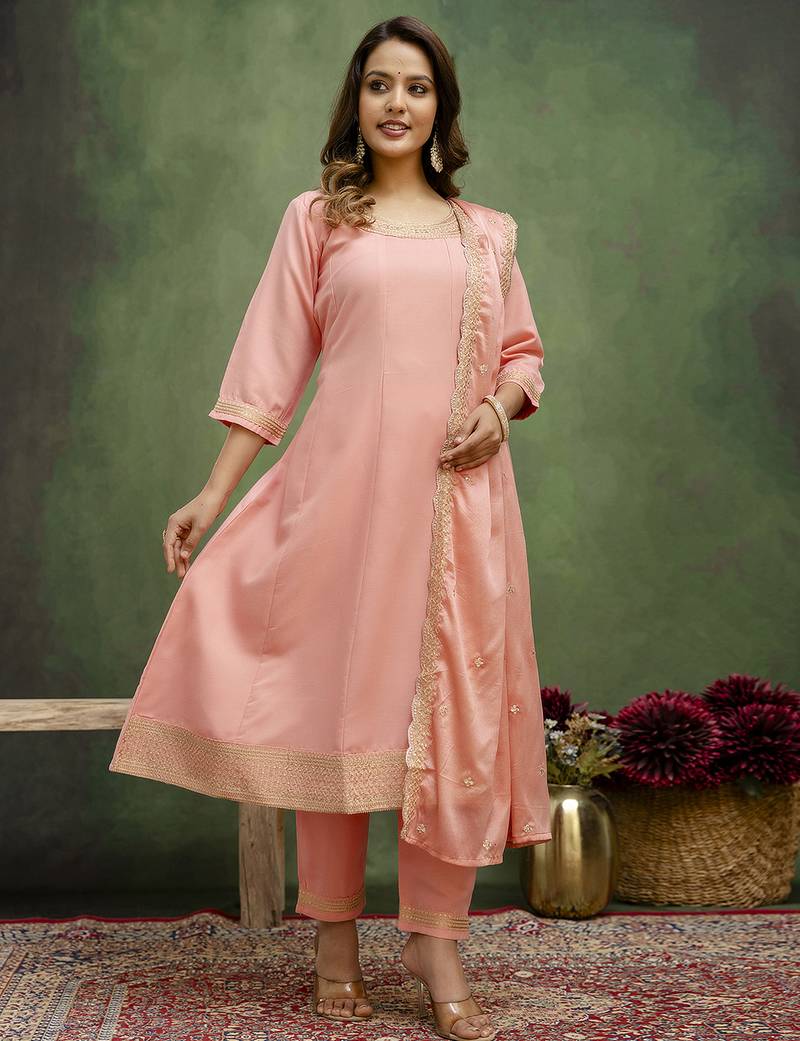 Peach color viscose rayon fabric designer embroidery work formally ethnic readymade kurta set