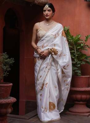 white rangoli silk blend embroidered saree with blouse 1