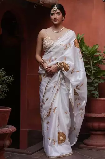 white rangoli silk blend embroidered saree with blouse